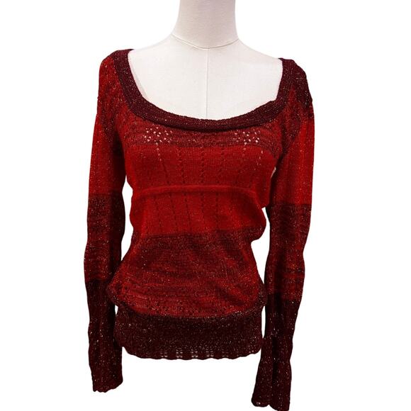 Metallic Red Burgundy Knit Sweater Women Medium Holiday Y2K Festive Shimmer Fall - Picture 1 of 8